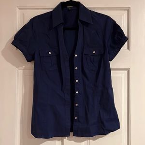 Express Short Sleeve Button Down Blouse, Blue
